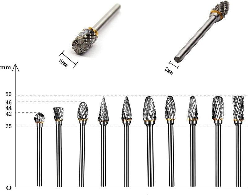 Rotary Carbide Burr Set 1/8 Inch Shank With 1/4 Inch Head Double Cut Rotary Burrs Die Grinder Drill Bits For Woodworking Engraving Drilling Carving And Polishing,10Pcs - Image 2
