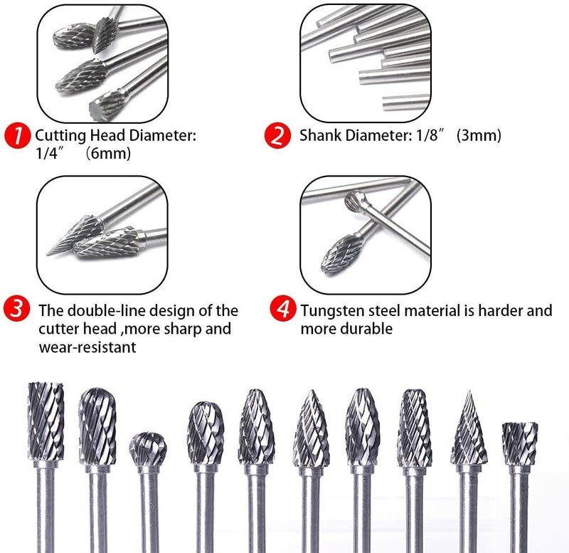 Rotary Carbide Burr Set 1/8 Inch Shank With 1/4 Inch Head Double Cut Rotary Burrs Die Grinder Drill Bits For Woodworking Engraving Drilling Carving And Polishing,10Pcs - Image 4