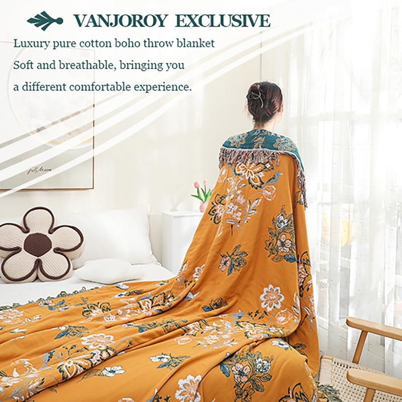 VANJOROY Boho Large Throw Blanket, 100% Organic Cotton Breathable Soft Bed Throw - Floral Bird Farmhouse Decor Blanket for Sofa Couch Chair Quilt and Gift. (Flower-Art, 60" x 80") - Image 5