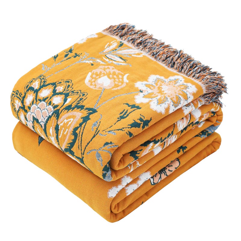 VANJOROY Boho Large Throw Blanket, 100% Organic Cotton Breathable Soft Bed Throw - Floral Bird Farmhouse Decor Blanket for Sofa Couch Chair Quilt and Gift. (Flower-Art, 60" x 80") - Image 1