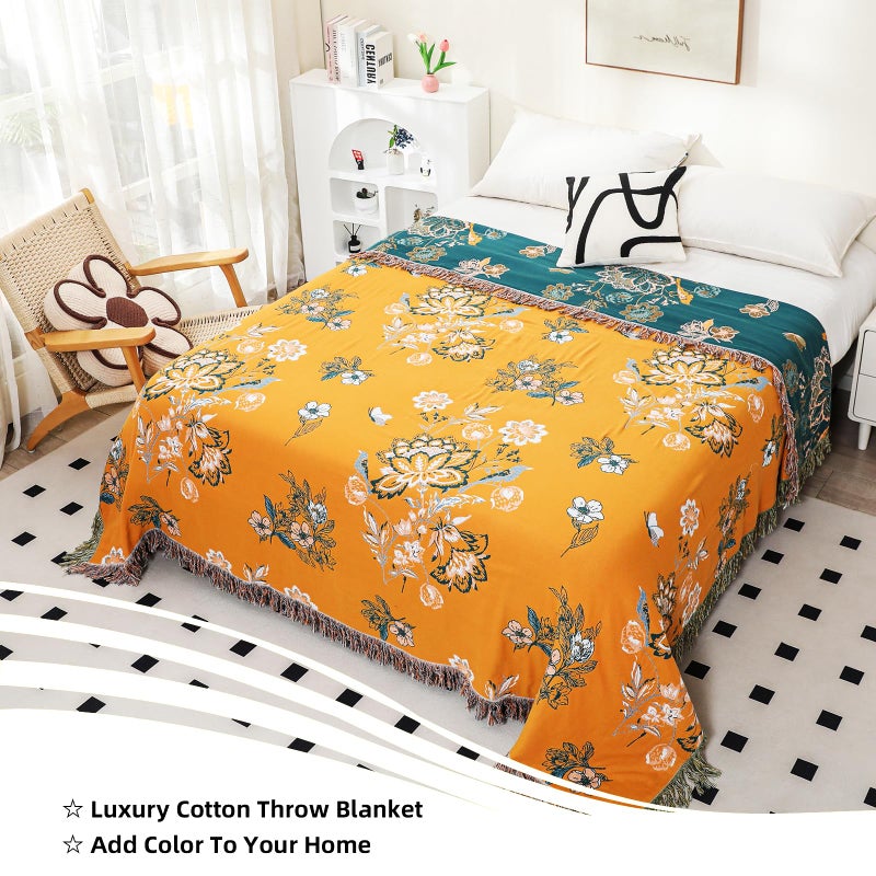 VANJOROY Boho Large Throw Blanket, 100% Organic Cotton Breathable Soft Bed Throw - Floral Bird Farmhouse Decor Blanket for Sofa Couch Chair Quilt and Gift. (Flower-Art, 60" x 80") - Image 3