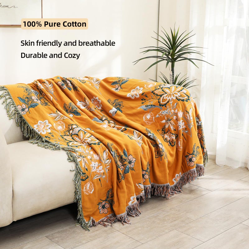 VANJOROY Boho Large Throw Blanket, 100% Organic Cotton Breathable Soft Bed Throw - Floral Bird Farmhouse Decor Blanket for Sofa Couch Chair Quilt and Gift. (Flower-Art, 60" x 80") - Image 2