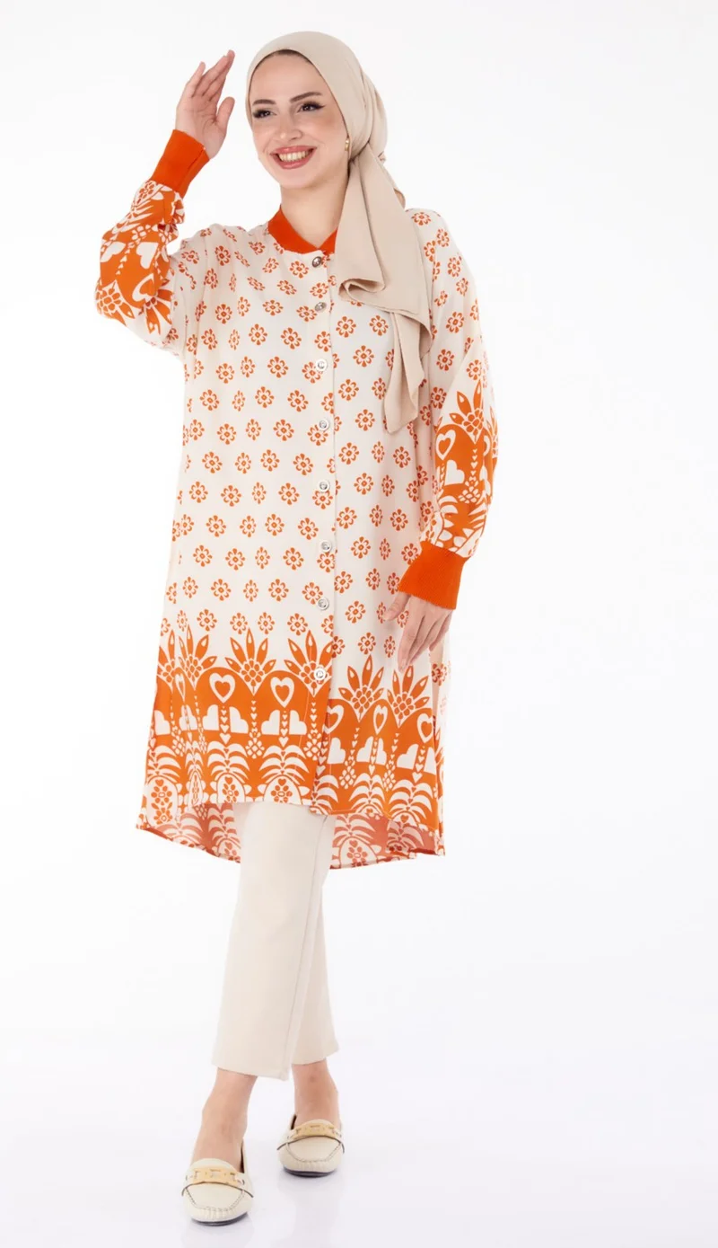 Tofisa Plain Judge Collar Women's Orange Buttoned Patterned Tunic - 25623