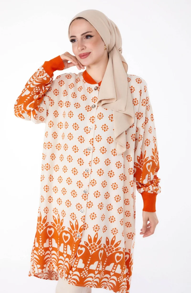 Tofisa Plain Judge Collar Women's Orange Buttoned Patterned Tunic - 25623