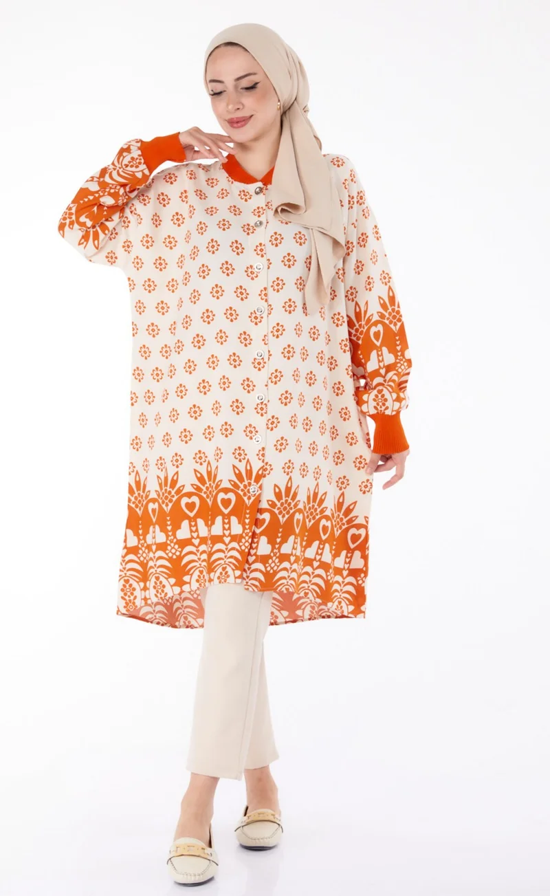 Tofisa Plain Judge Collar Women's Orange Buttoned Patterned Tunic - 25623