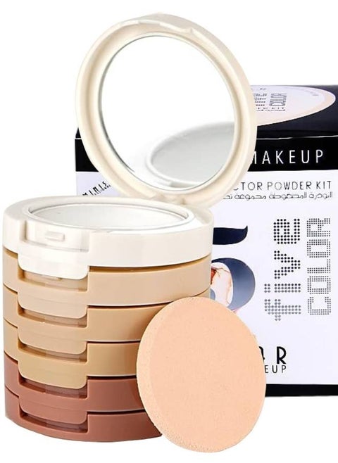 5 Face Color Corrector Powder Kit Face Contour Palette and Highlight Palette Five Powders Makeup Face Conceal Correct Oil Control Brighten Sunscreen Face Makeup Powder with Puff