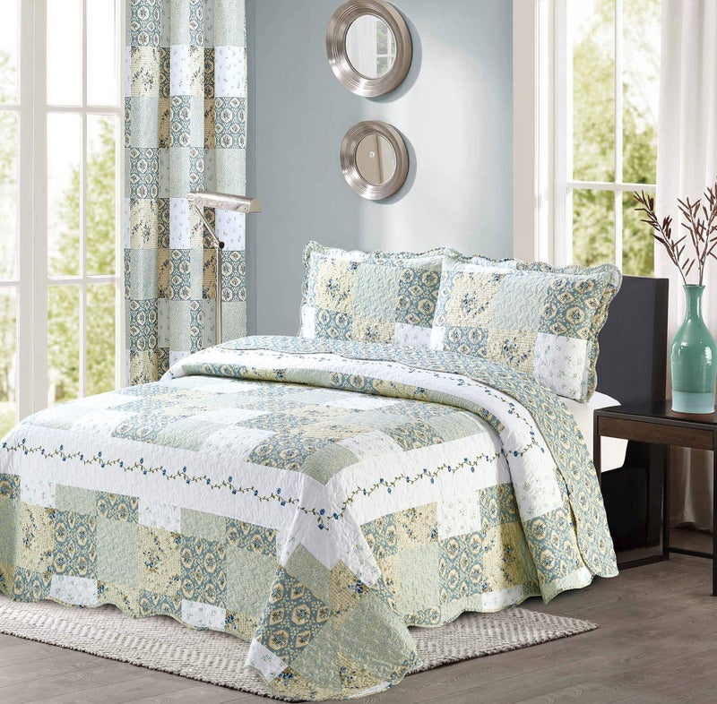 All American Collection New Reversible 2pc Floral Printed Patchwork BlueGreen BedspreadQuilt Set Matching Curtains Available Twin Size