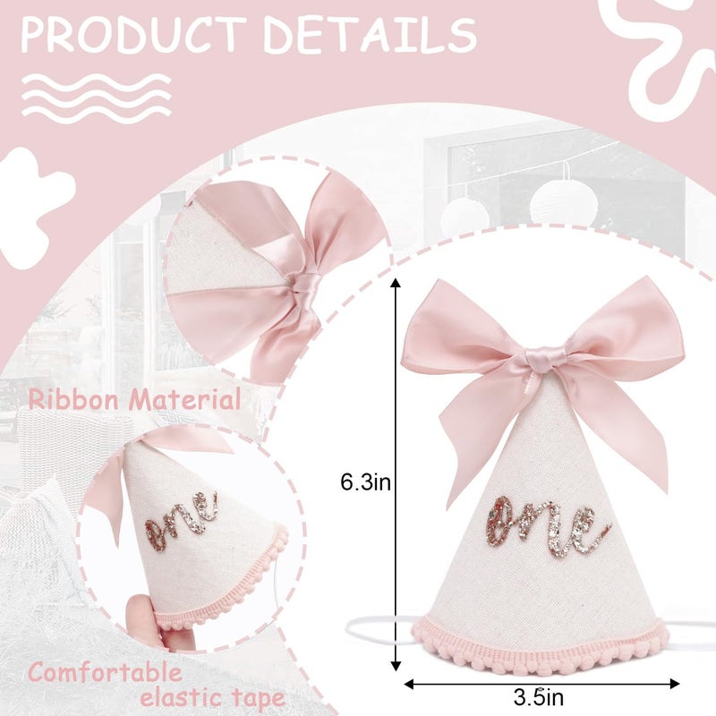 Jissoo 1st Birthday Hat With Bow - Sweet One Birthday Party Decorations,Glitter Number Cone Hat Photo Props,Little Princess Pink Bow Party Hat,First Cake Smash (one) - Image 2
