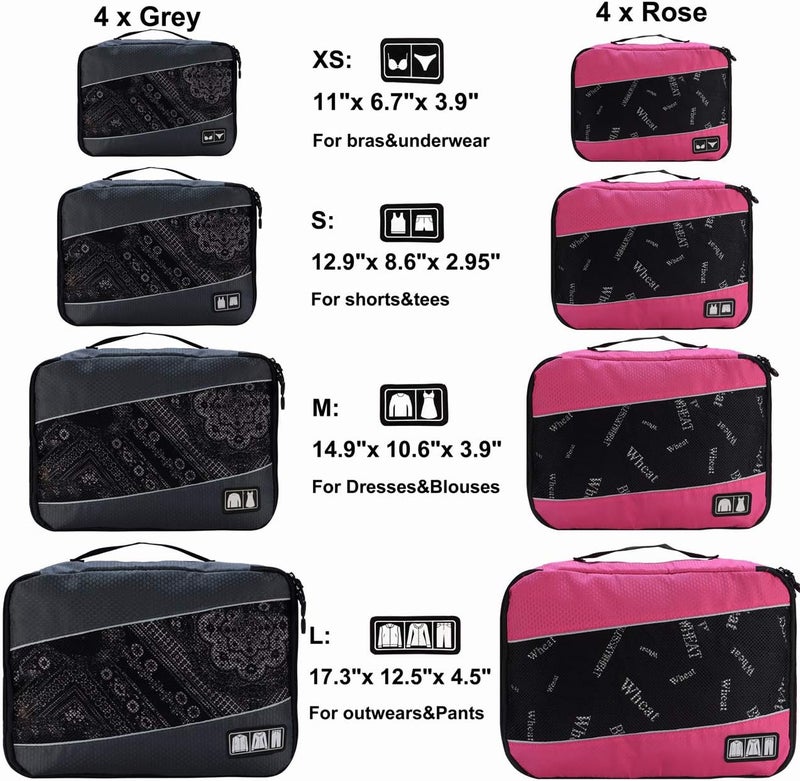 Idesort Packing Cubes Luggage Bags Organizer Durable Travel Accessories With Clothing Label, 8 set - Grey/Rose, One_Size - Image 2