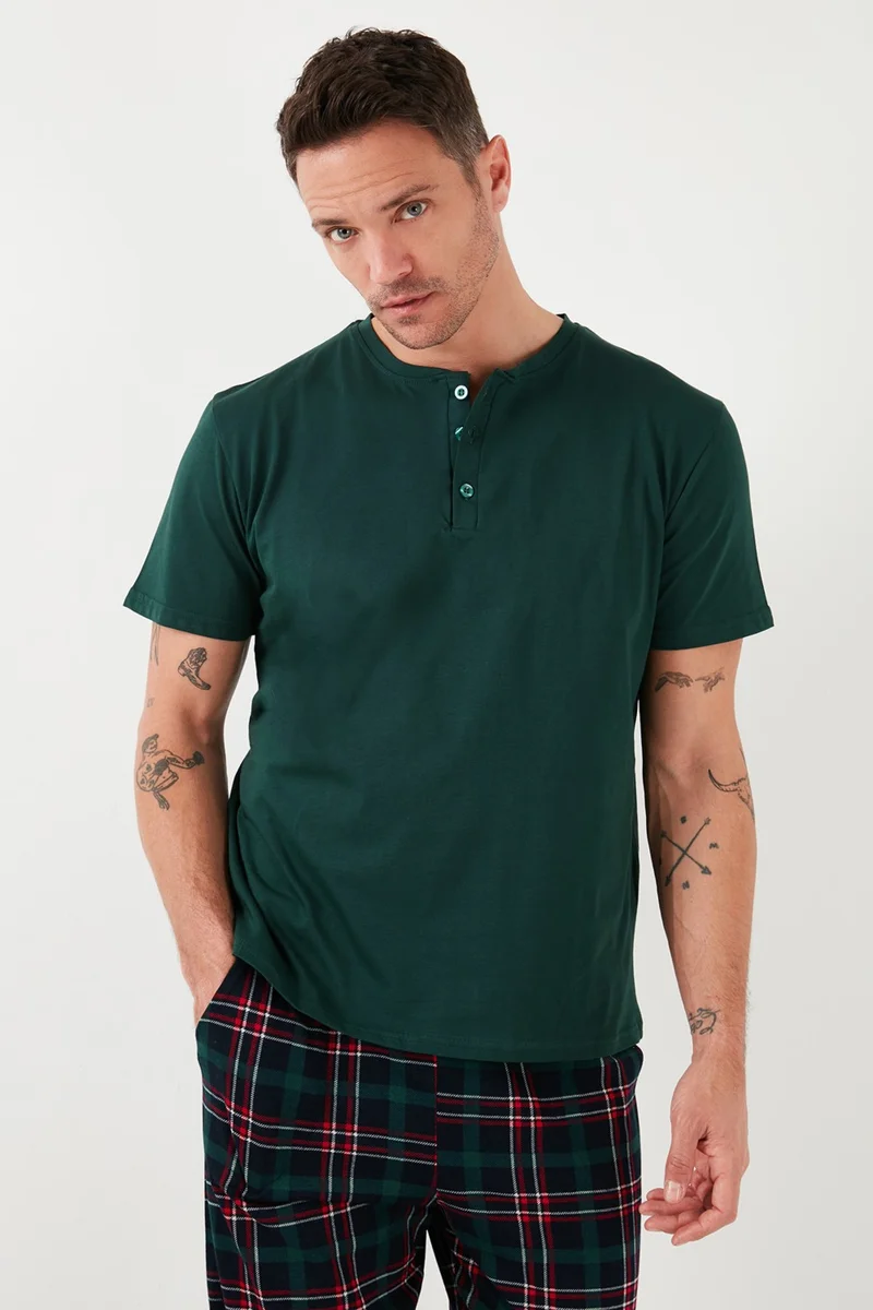 Buratti Plaid Cotton Elastic Waist Regular Fit Short Sleeve Men's Pajama Set 6572004