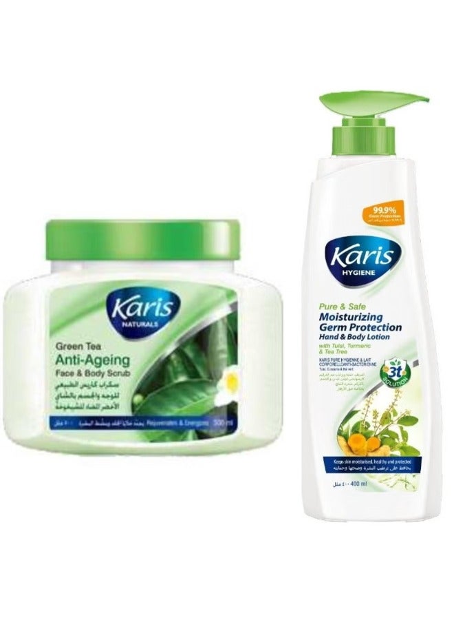 Karis Moisturizing Germ Protection Hand And Body  Lotion 400Ml,Karis  Anti-Aging Green Tea Face & Body Scrub, 600ml