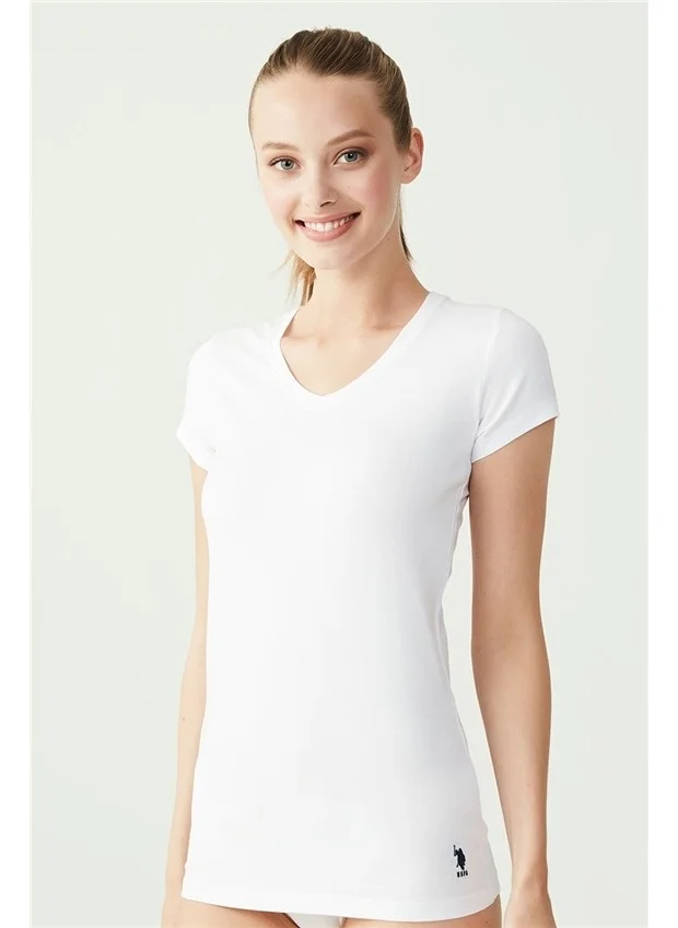 يو اس بولو اسن BASE. Polo Assn. Women's White Short Sleeve V-Neck T-Shirt 66004
