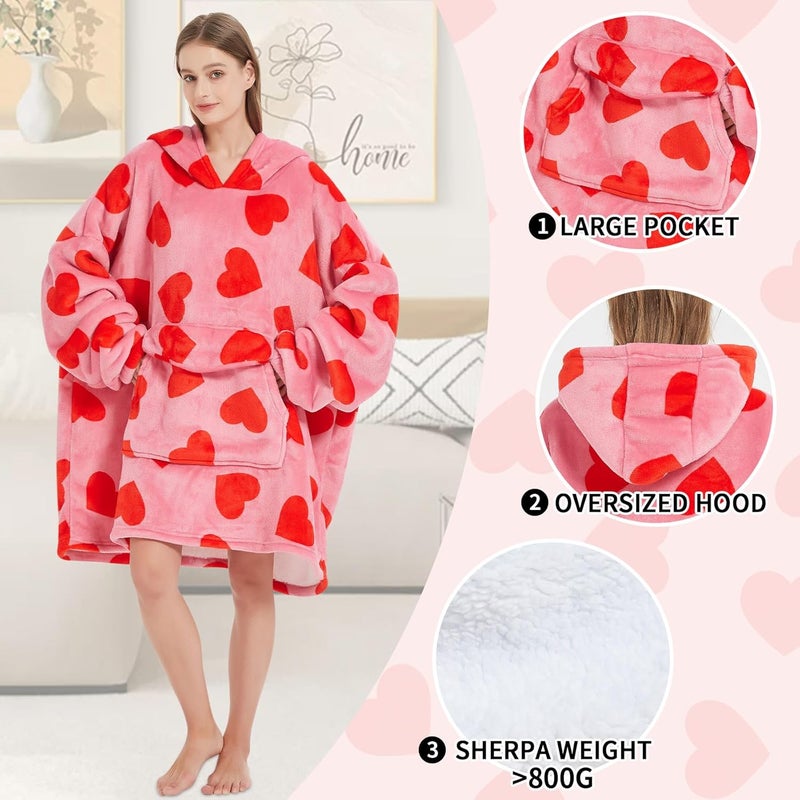 Mewkou Wearable Blanket Hoodie for Adult,Oversized Sherpa Fleece Blanket Hoodie for Women Men,Heart - Image 3