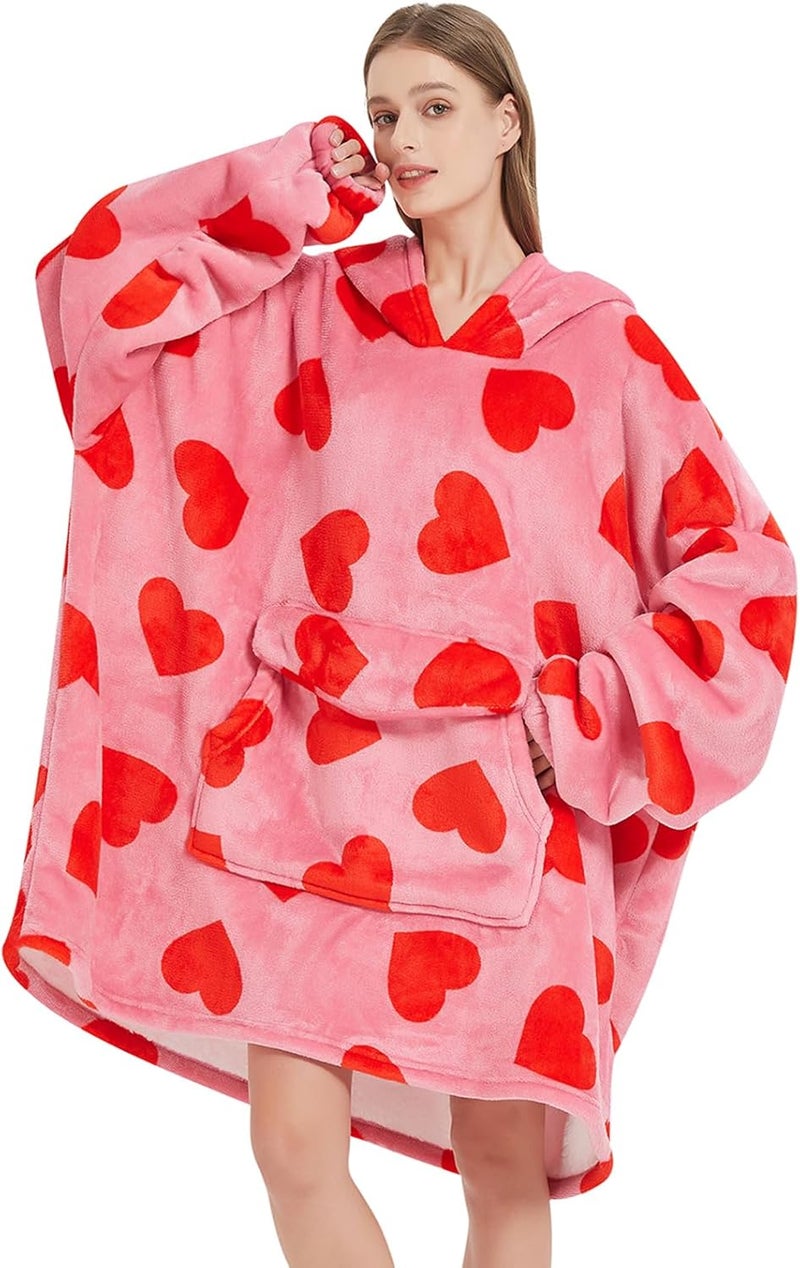 Mewkou Wearable Blanket Hoodie for Adult,Oversized Sherpa Fleece Blanket Hoodie for Women Men,Heart - Image 1