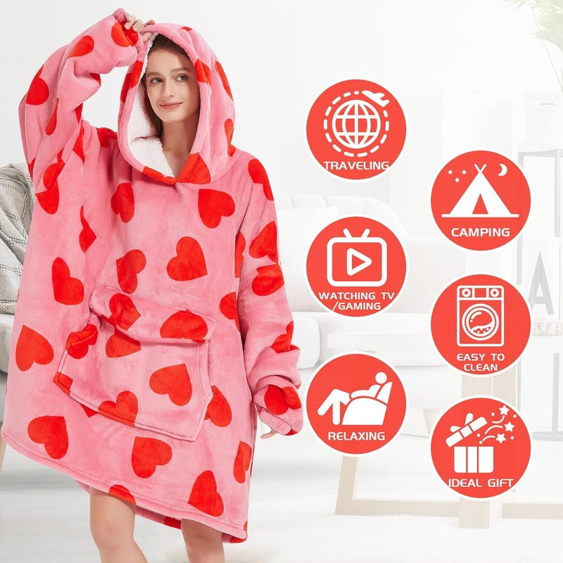 Mewkou Wearable Blanket Hoodie for Adult,Oversized Sherpa Fleece Blanket Hoodie for Women Men,Heart - Image 2