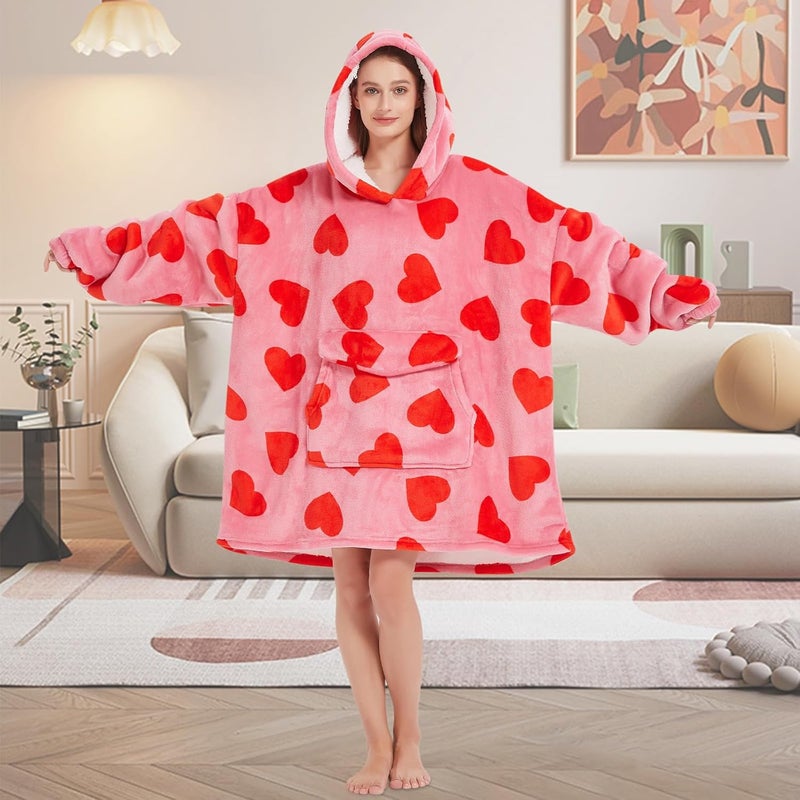 Mewkou Wearable Blanket Hoodie for Adult,Oversized Sherpa Fleece Blanket Hoodie for Women Men,Heart - Image 4