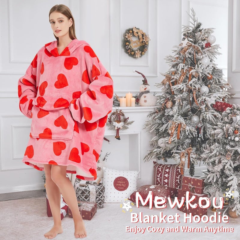 Mewkou Wearable Blanket Hoodie for Adult,Oversized Sherpa Fleece Blanket Hoodie for Women Men,Heart - Image 5