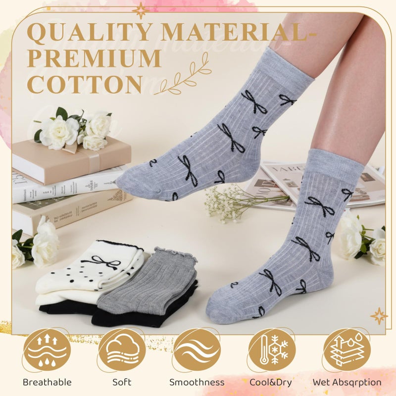 Glitopper 6 Pairs Women's Crew Socks over Ankle Cute Bow Pattern Cotton Soft Breathable Casual Roll Top Ruffle White Black Grey Fancy Printed Socks Size 5-9 (Simplicity) - Image 4