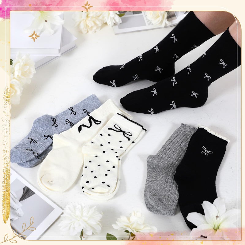 Glitopper 6 Pairs Women's Crew Socks over Ankle Cute Bow Pattern Cotton Soft Breathable Casual Roll Top Ruffle White Black Grey Fancy Printed Socks Size 5-9 (Simplicity) - Image 5