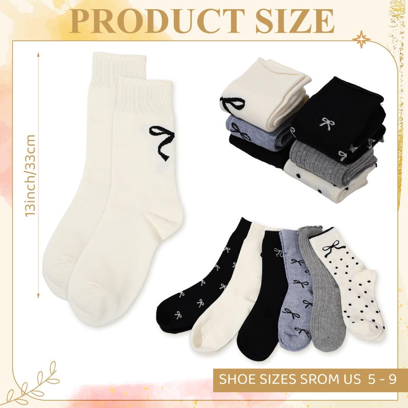 Glitopper 6 Pairs Women's Crew Socks over Ankle Cute Bow Pattern Cotton Soft Breathable Casual Roll Top Ruffle White Black Grey Fancy Printed Socks Size 5-9 (Simplicity) - Image 3