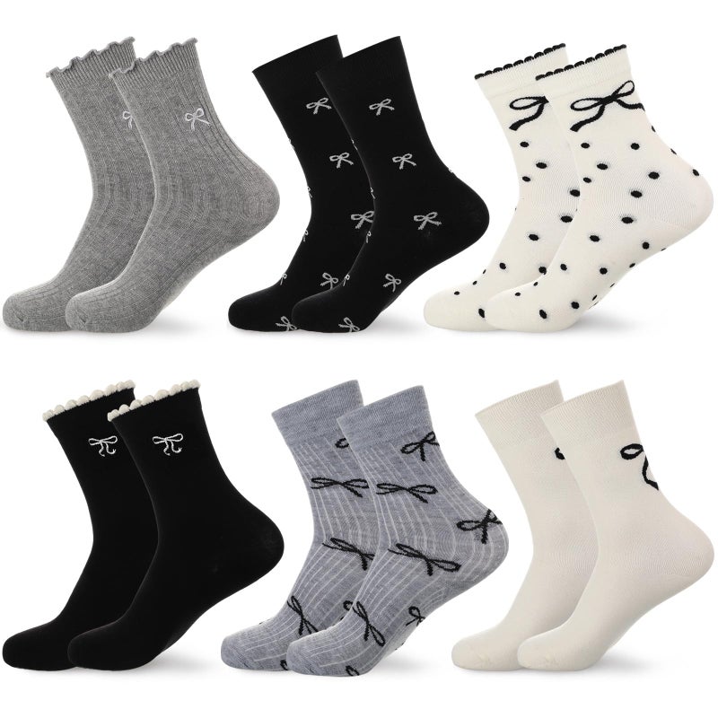 Glitopper 6 Pairs Women's Crew Socks over Ankle Cute Bow Pattern Cotton Soft Breathable Casual Roll Top Ruffle White Black Grey Fancy Printed Socks Size 5-9 (Simplicity) - Image 1