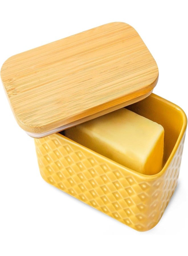 Hasense Ceramic Butter Dish with Sealing Lid, Large Yellow Butter Container for Countertop Airtight Butter Stick Covered Keeper Storage,Embossed Pattern,Easy Clean Dishwasher Safe - Image 1