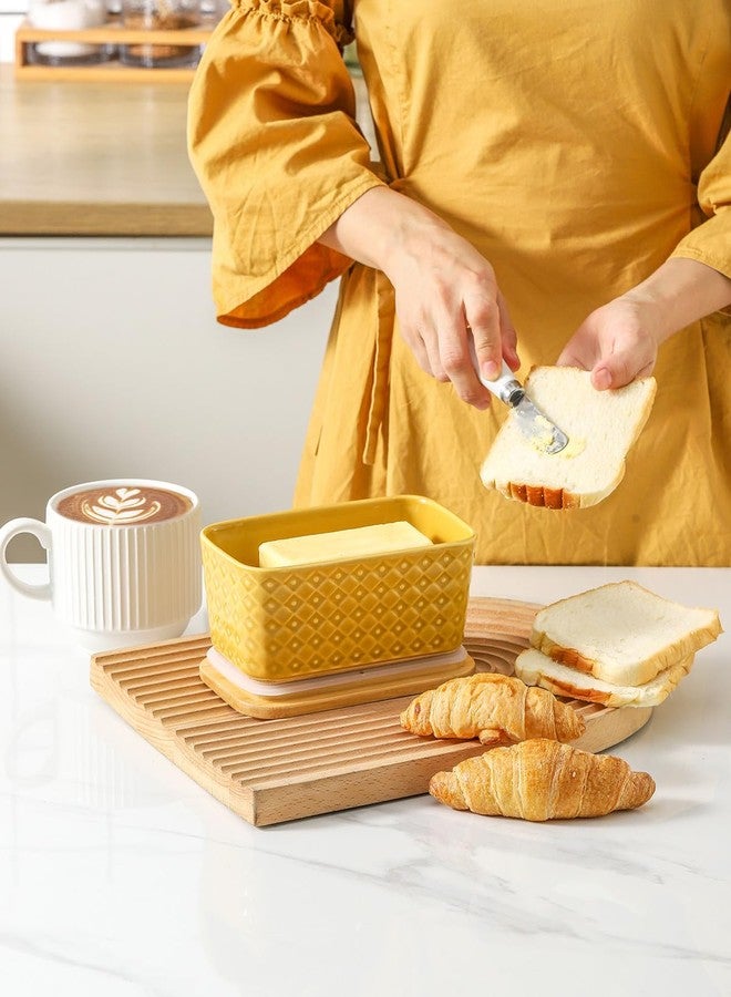 Hasense Ceramic Butter Dish with Sealing Lid, Large Yellow Butter Container for Countertop Airtight Butter Stick Covered Keeper Storage,Embossed Pattern,Easy Clean Dishwasher Safe - Image 2