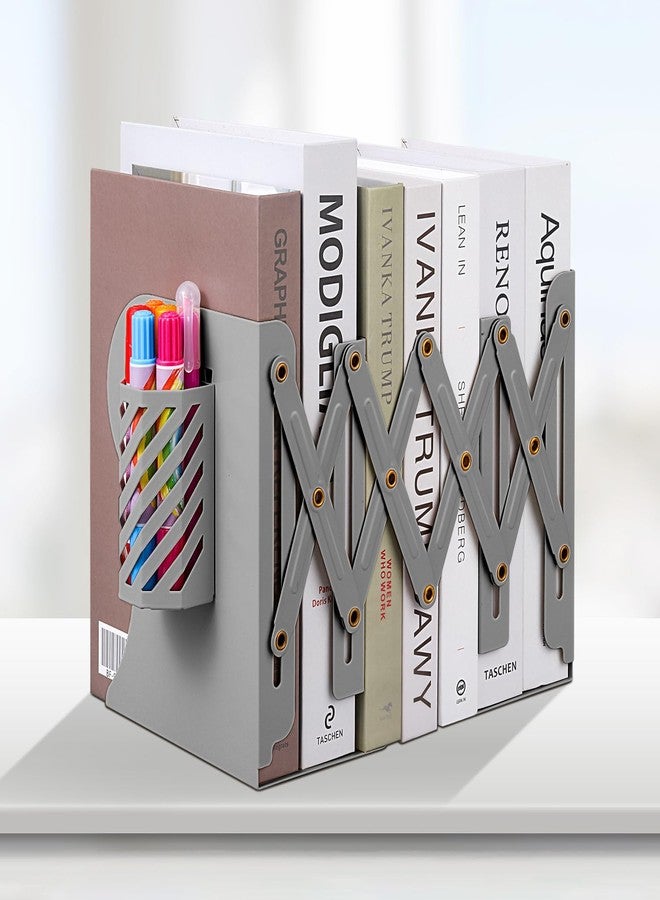 Honagu Adjustable Bookends, Metal Book Ends for Shelves Heavy Book, Desk Magazine File Organizer for Home, Office, Books, Papers, Extends up to 19 inches with Pen Holder (Grey) - Image 1