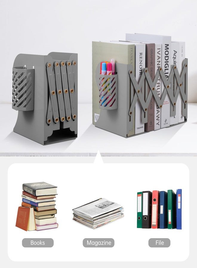 Honagu Adjustable Bookends, Metal Book Ends for Shelves Heavy Book, Desk Magazine File Organizer for Home, Office, Books, Papers, Extends up to 19 inches with Pen Holder (Grey) - Image 5