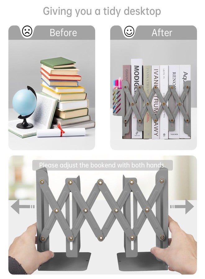 Honagu Adjustable Bookends, Metal Book Ends for Shelves Heavy Book, Desk Magazine File Organizer for Home, Office, Books, Papers, Extends up to 19 inches with Pen Holder (Grey) - Image 2