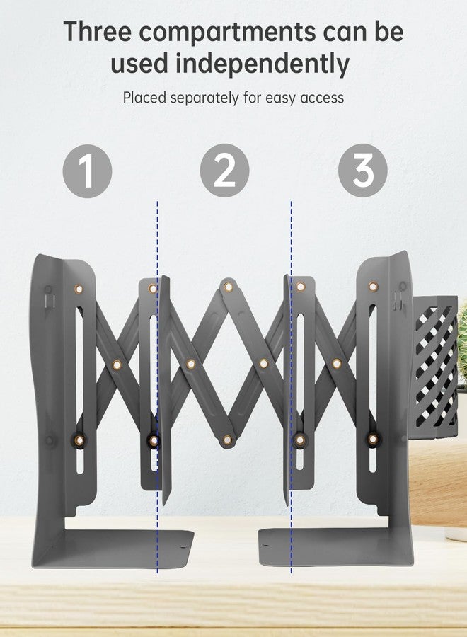 Honagu Adjustable Bookends, Metal Book Ends for Shelves Heavy Book, Desk Magazine File Organizer for Home, Office, Books, Papers, Extends up to 19 inches with Pen Holder (Grey) - Image 4