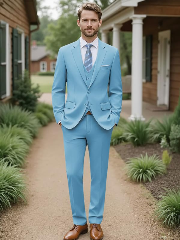 WEEN CHARM بدلة WEEN CHARM للرجال، مجموعة بدلة ضيقة مكونة من 3 قطع مع سترة ذات زرين، صدرية، بنطلون، بدلة رسمية لحفلات الزفاف، الحفلات، الأعمال باللون الأزرق الفاتح - Image 4