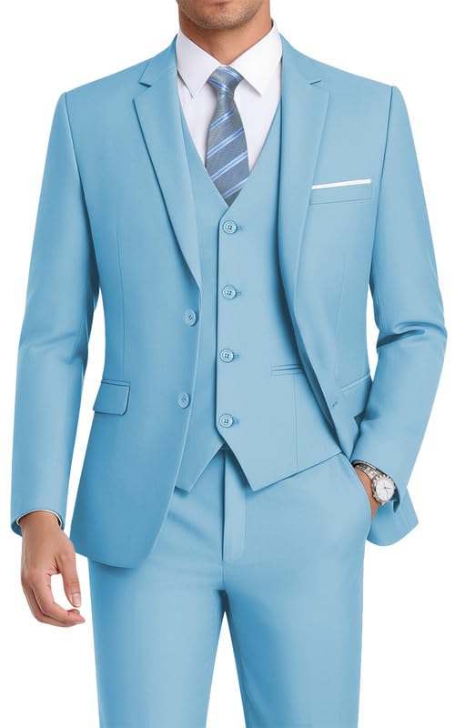 WEEN CHARM بدلة WEEN CHARM للرجال، مجموعة بدلة ضيقة مكونة من 3 قطع مع سترة ذات زرين، صدرية، بنطلون، بدلة رسمية لحفلات الزفاف، الحفلات، الأعمال باللون الأزرق الفاتح - Image 1