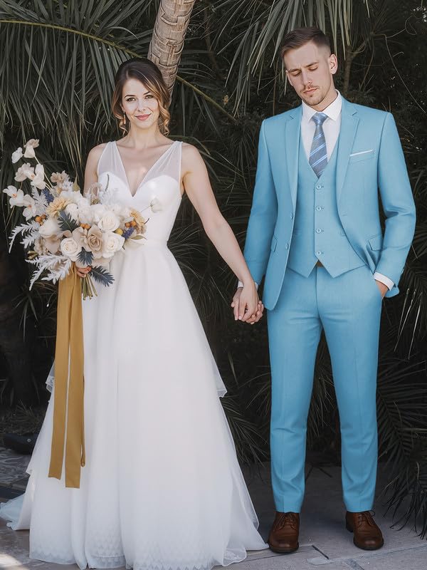 WEEN CHARM بدلة WEEN CHARM للرجال، مجموعة بدلة ضيقة مكونة من 3 قطع مع سترة ذات زرين، صدرية، بنطلون، بدلة رسمية لحفلات الزفاف، الحفلات، الأعمال باللون الأزرق الفاتح - Image 3