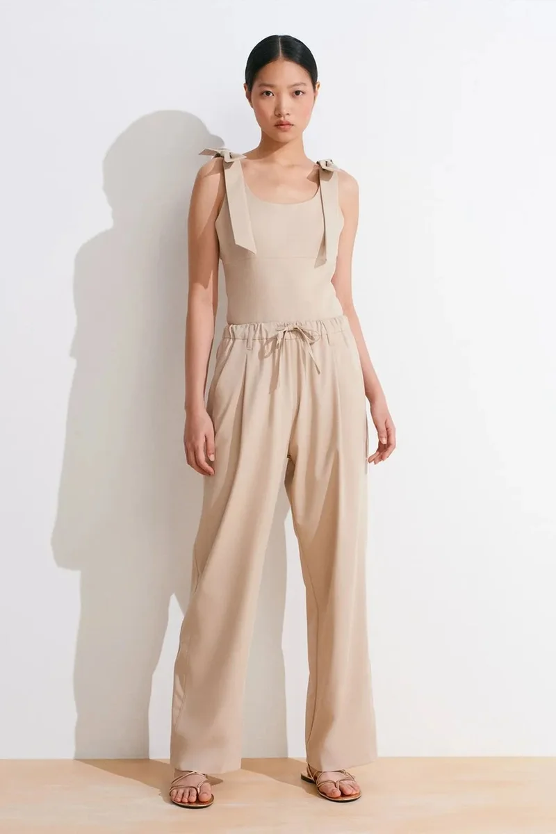 Dilvin Beige Natural DILVIN Wide-Leg Crepe Trousers for Women | Best Price UAE