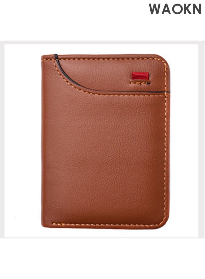 WAOKN New card holder wallet, multi slot card holder vertical men's wallet, leather ultra-thin wallet, men's short wallet, pocket double fold credit card holder thin wallet, with ID card window (brown). - Image 1