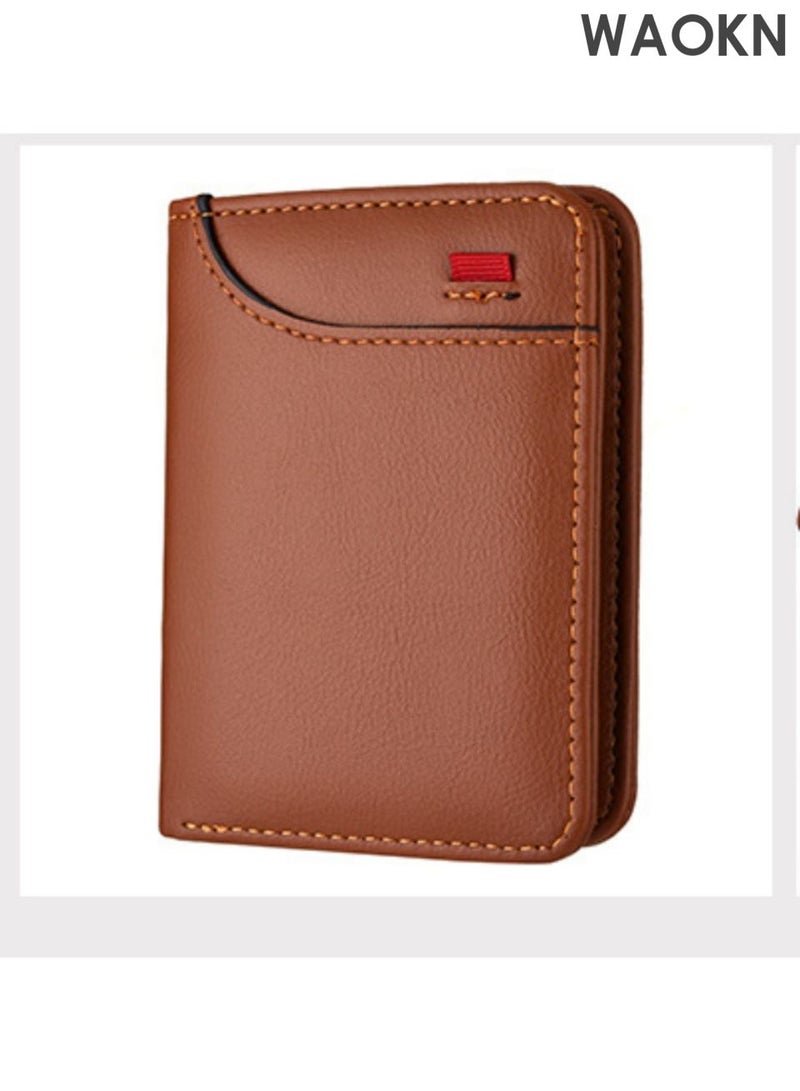 WAOKN New card holder wallet, multi slot card holder vertical men's wallet, leather ultra-thin wallet, men's short wallet, pocket double fold credit card holder thin wallet, with ID card window (brown). - Image 3