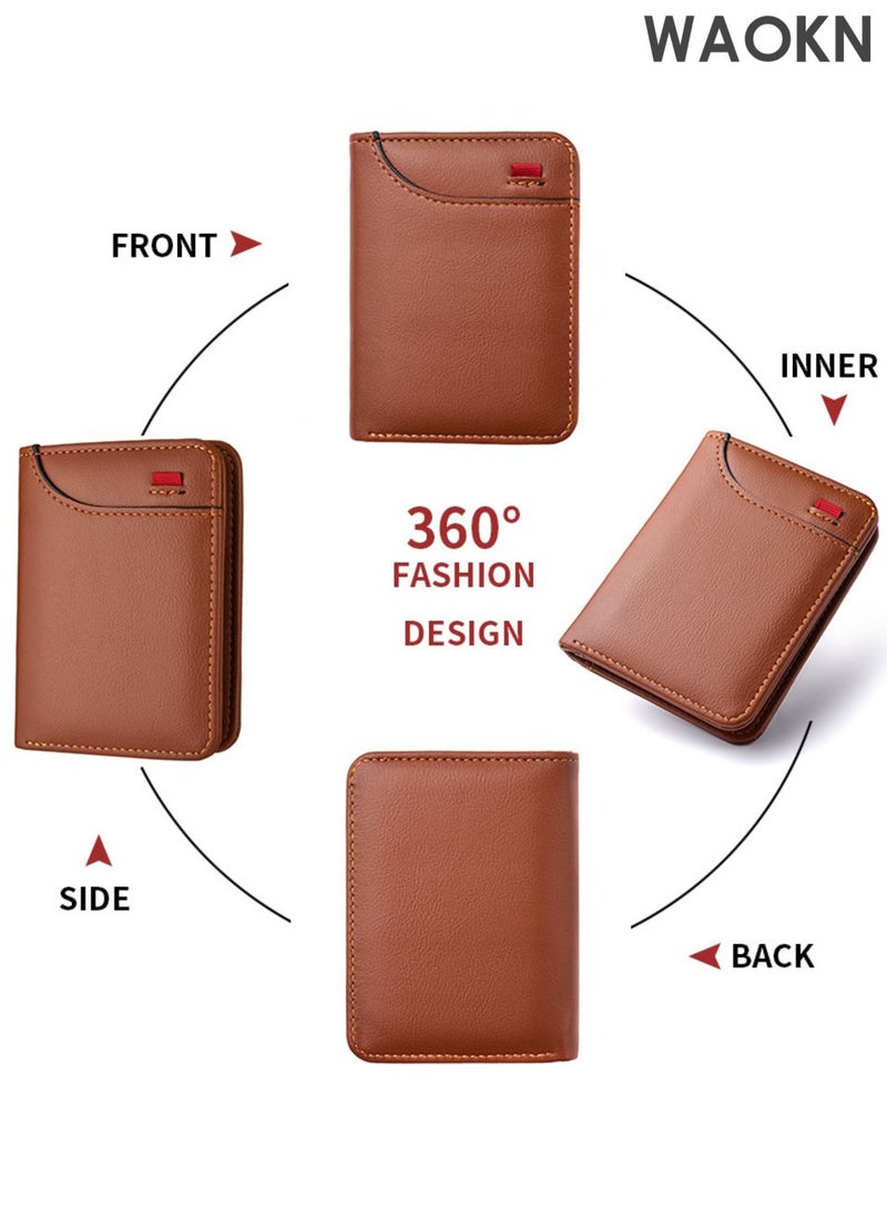 WAOKN New card holder wallet, multi slot card holder vertical men's wallet, leather ultra-thin wallet, men's short wallet, pocket double fold credit card holder thin wallet, with ID card window (brown). - Image 4