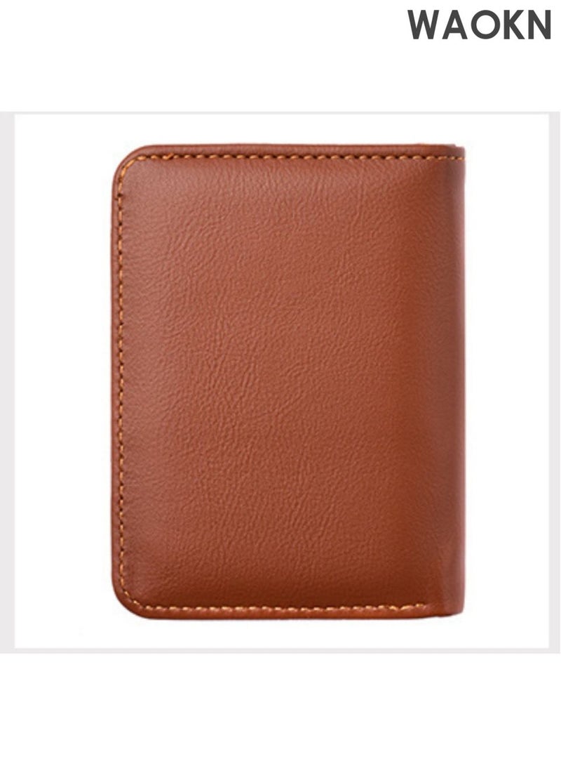 WAOKN New card holder wallet, multi slot card holder vertical men's wallet, leather ultra-thin wallet, men's short wallet, pocket double fold credit card holder thin wallet, with ID card window (brown). - Image 2