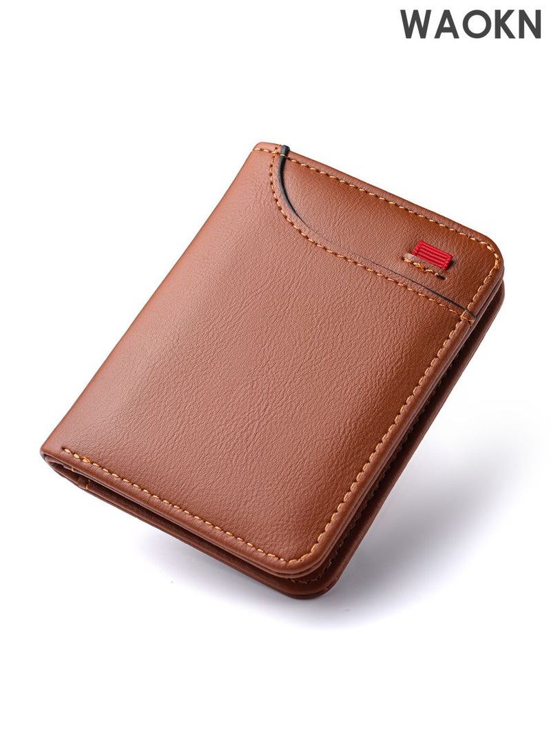 WAOKN New card holder wallet, multi slot card holder vertical men's wallet, leather ultra-thin wallet, men's short wallet, pocket double fold credit card holder thin wallet, with ID card window (brown). - Image 5