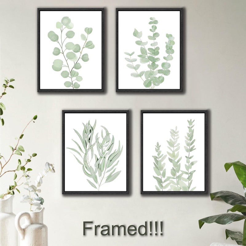Drsoum Framed Botanical Plant Canvas Wood Wall Art Light Green Sage Wall Decor Eucalyptus Leaf Picture for Home 8â€x 10â€ x 4pcs Black Framed - Image 2