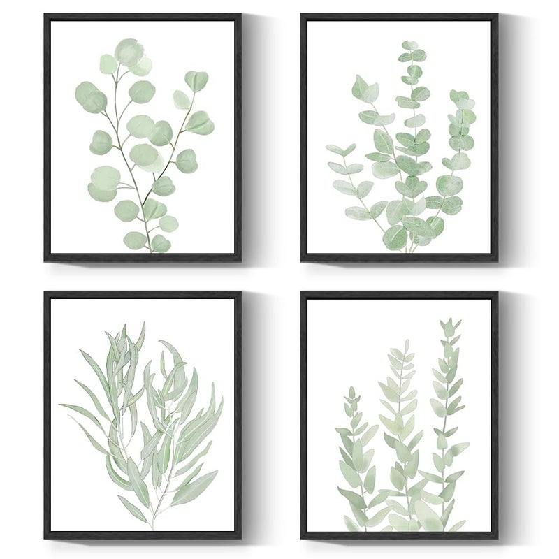 Drsoum Framed Botanical Plant Canvas Wood Wall Art Light Green Sage Wall Decor Eucalyptus Leaf Picture for Home 8â€x 10â€ x 4pcs Black Framed - Image 1