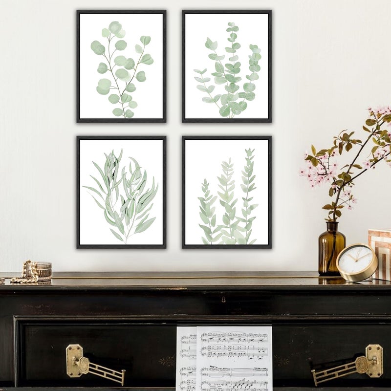 Drsoum Framed Botanical Plant Canvas Wood Wall Art Light Green Sage Wall Decor Eucalyptus Leaf Picture for Home 8â€x 10â€ x 4pcs Black Framed - Image 3