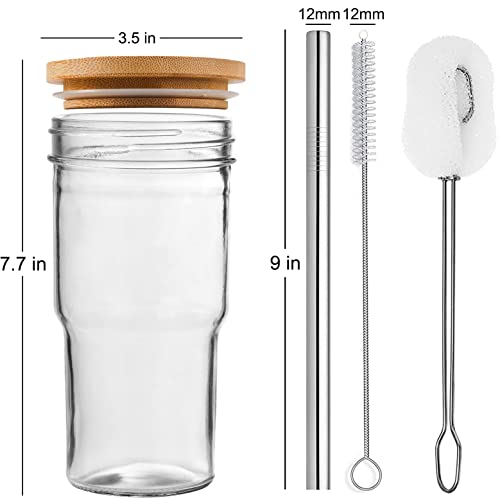 ALINK 4-Pack Glass Cups with Bamboo Lids and Straws, 22oz Mason Jar Glass Tumbler, Reusable Boba Cups, Iced Coffee Drinking Glasses for Bubble Tea, Smoothies, Juice - 2 Cleaning Brush - Image 2