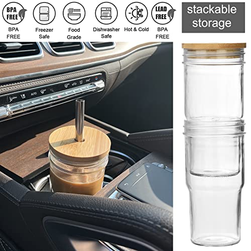 ALINK 4-Pack Glass Cups with Bamboo Lids and Straws, 22oz Mason Jar Glass Tumbler, Reusable Boba Cups, Iced Coffee Drinking Glasses for Bubble Tea, Smoothies, Juice - 2 Cleaning Brush - Image 3