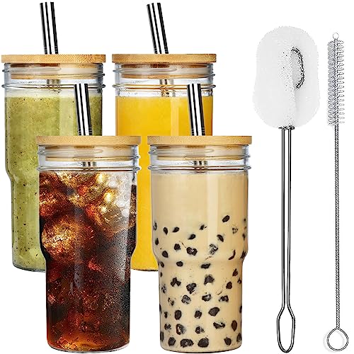 ALINK 4-Pack Glass Cups with Bamboo Lids and Straws, 22oz Mason Jar Glass Tumbler, Reusable Boba Cups, Iced Coffee Drinking Glasses for Bubble Tea, Smoothies, Juice - 2 Cleaning Brush - Image 1