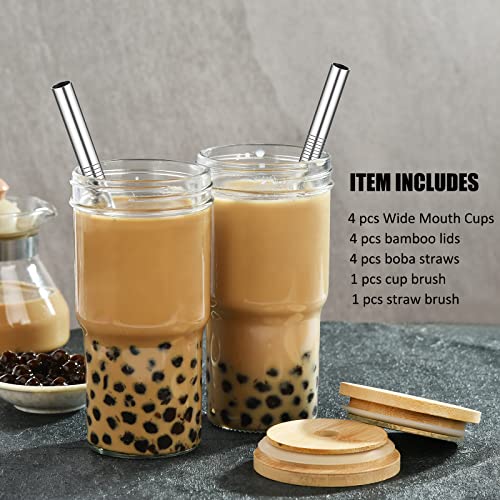 ALINK 4-Pack Glass Cups with Bamboo Lids and Straws, 22oz Mason Jar Glass Tumbler, Reusable Boba Cups, Iced Coffee Drinking Glasses for Bubble Tea, Smoothies, Juice - 2 Cleaning Brush - Image 4