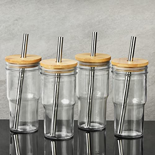 ALINK 4-Pack Glass Cups with Bamboo Lids and Straws, 22oz Mason Jar Glass Tumbler, Reusable Boba Cups, Iced Coffee Drinking Glasses for Bubble Tea, Smoothies, Juice - 2 Cleaning Brush - Image 5