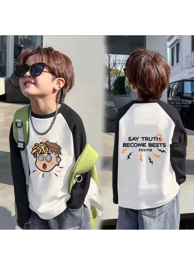 Cotton Boys' Raglan Sleeve Long Sleeve Tspring & Fall New Style Medium And Large Children's Splicing Contrasting Color Round Neck Bottoming Shirt