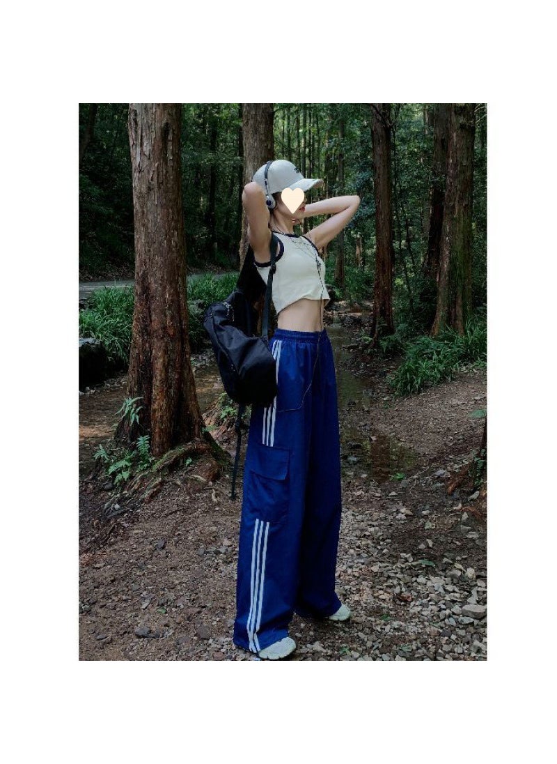 Generic Vintage Three-Bar Crowdsuit Pants Womens Spring and Autumn Summer plus size Wide-Leg Sports Pants Outdoor Hiking High Waist Trendy Royal Blue  - Image 4